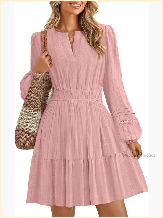 Dresses & Skirts - Long Sleeve V Neck Mini Dress Ruffle Pleated A Line Party Dress